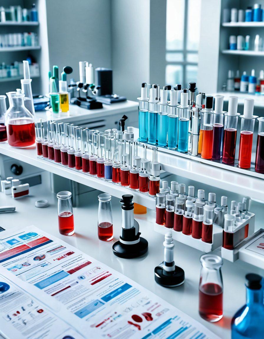An informative and visually engaging layout displaying an array of lab equipment such as test tubes, microscopes, and blood samples against a backdrop of a modern medical facility. Include infographics depicting various lab tests and a diverse group of medical professionals analyzing results, conveying knowledge and care. Bright and polished with an emphasis on clarity and precision. super-realistic. vibrant colors. white background.