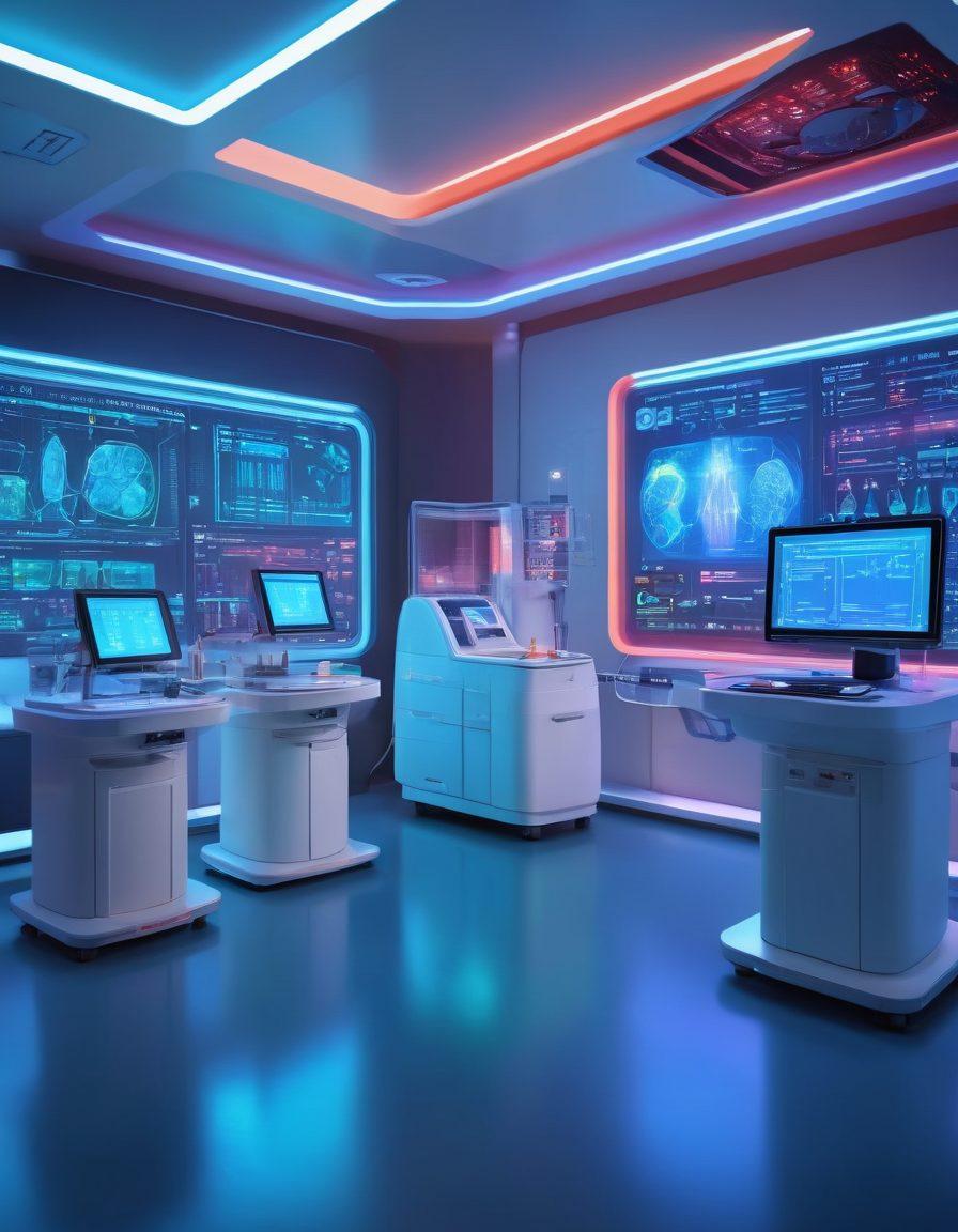 A futuristic laboratory filled with high-tech medical equipment, showcasing a blood test process in action. Include paths leading to various health examination stations, with colorful charts and glowing screens displaying results. Incorporate diverse healthcare professionals discussing results and a patient receiving guidance. Emphasize a sense of discovery and care in the healthcare experience. vibrant colors. super-realistic.